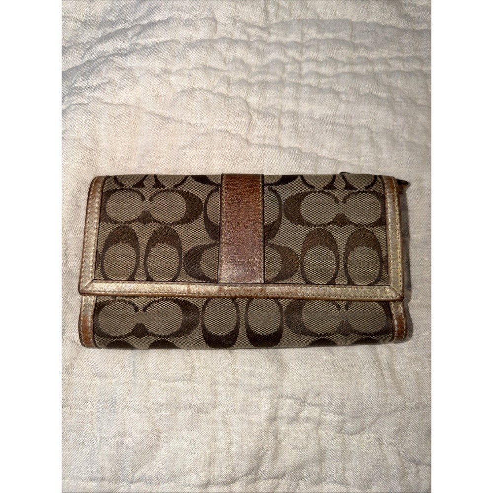 Coach Brown/tan/gold Monogram Canvas Trifold‎ Wallet
